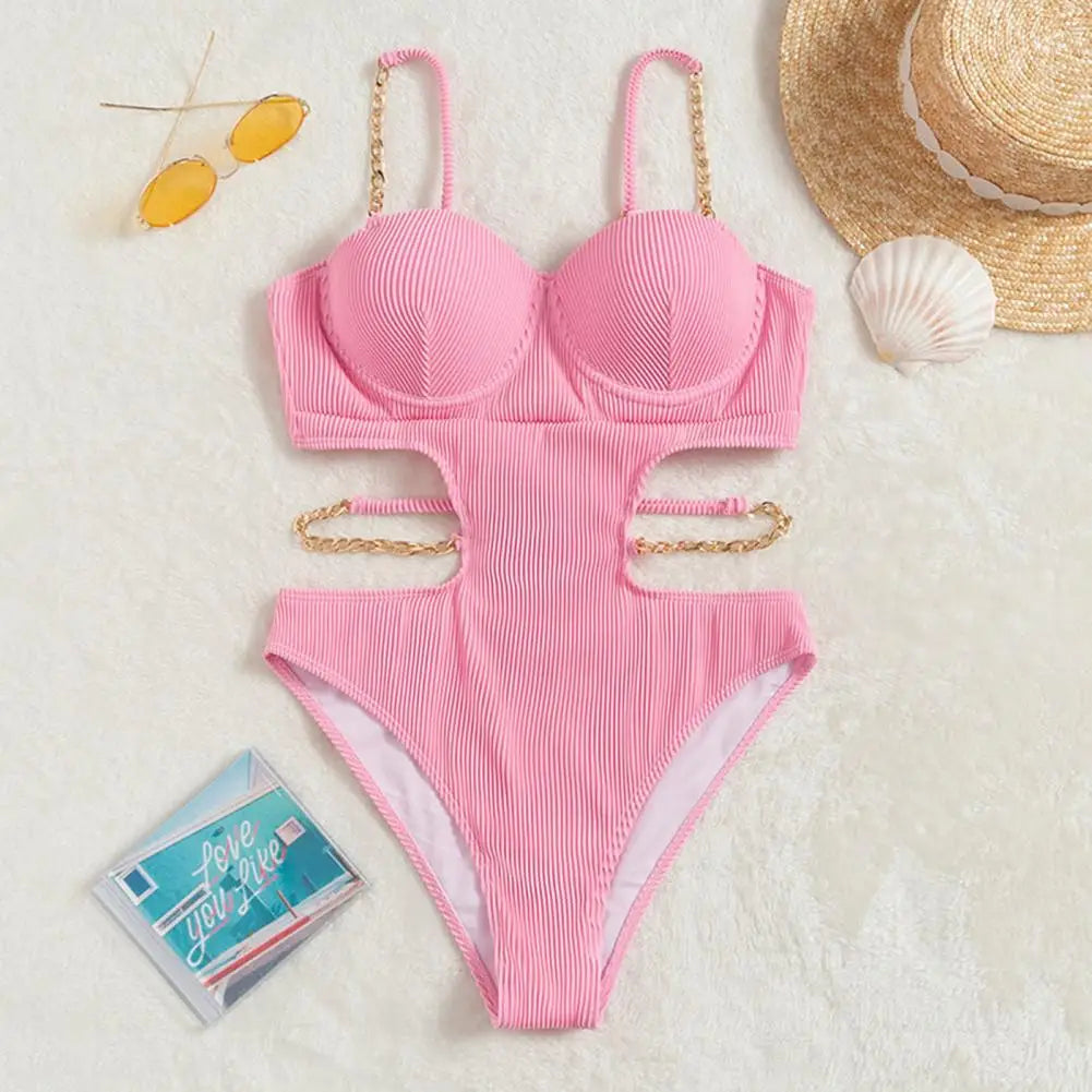 traje de bañoPeachtan Pink Striped One Piece Swimsuit Women High Cut Bathing Suit Sexy Padded Spaghetti Straps Bikini Traje De Baño Mujer