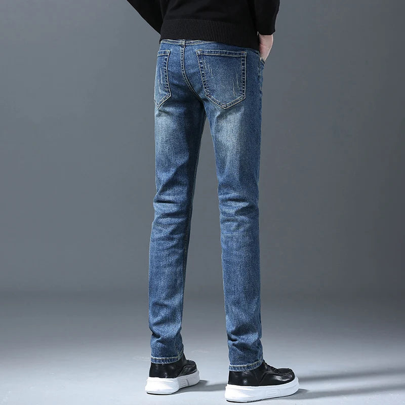 Business Men Straight Leg Classic Jeans Casual Denim Long Pants Slim Fit Simple Man Trousers Fashion Men's Stretch Jeans