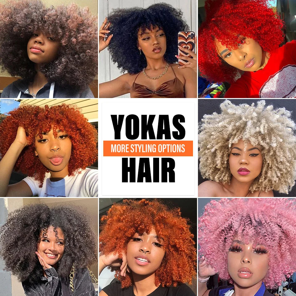 Short Afro Kinky Curly Wig With Bangs Synthetic Hair Female Blonde Pink White Blue Brown Purple Pelucas For Black Women YOKAS