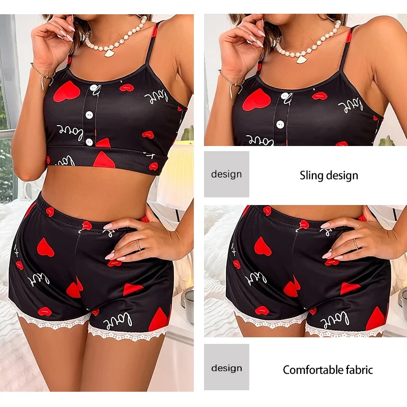 Women's Camouflage Top and Lace Patchwork Sleepwear Women's Printed Heart-Shaped Cute Casual Home Summer Sleepwear Set