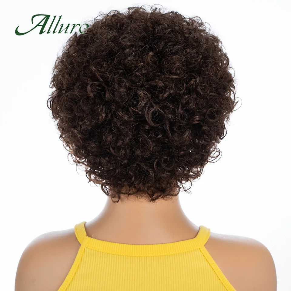 Short Pixie Afro Kinky Curly Wigs for Black Women Glueless Natural Brown Bob Wig With Bangs Brazilian Human Hair Wigs Allure