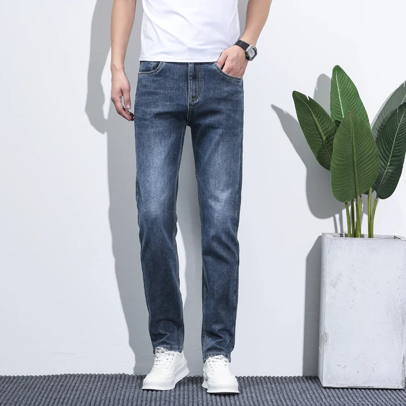 Business Men Straight Leg Classic Jeans Casual Denim Long Pants Slim Fit Simple Man Trousers Fashion Men's Stretch Jeans