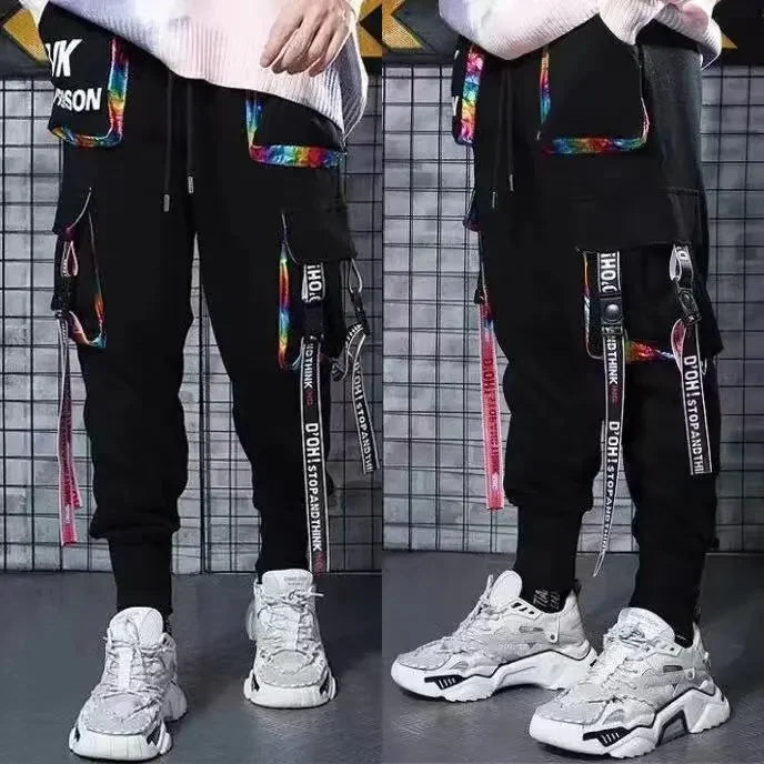 Classic Streetwear Hip Hop Joggers Men Letter Ribbons Cargo Pants Pockets Track Tactical Casual Male Trousers Sweatpant KZ99