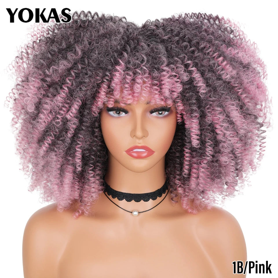 Short Afro Kinky Curly Wig With Bangs Synthetic Hair Female Blonde Pink White Blue Brown Purple Pelucas For Black Women YOKAS