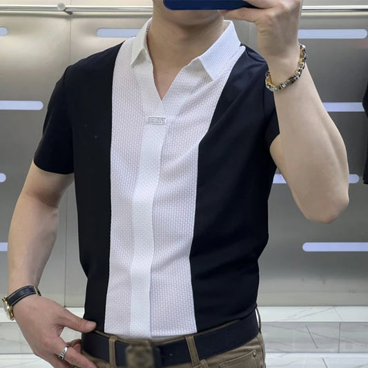 Luxury Polo Shirts Men Short Sleeve Patchwork Turn-down Collar Fashion Polo Tees Mens Clothing Vintage Pullover Tops Streetwear