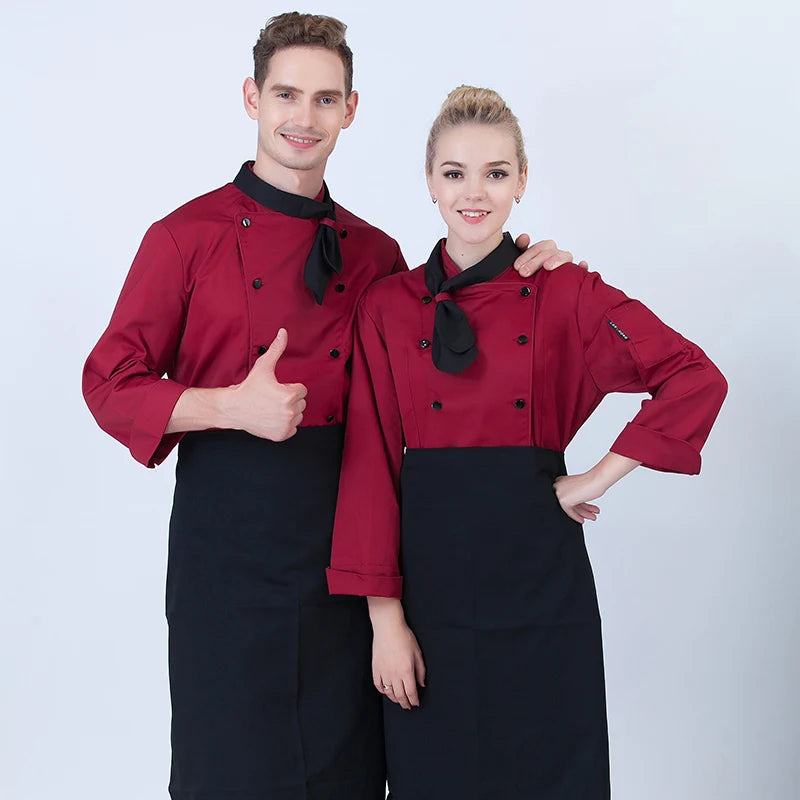 ropas de cocina ,chef Unisex Kitchen Chef Jackets Restaurant Waiter Uniform Shirt Bakery Double Breasted Work Clothes Long Sleeves Send Bow Tie