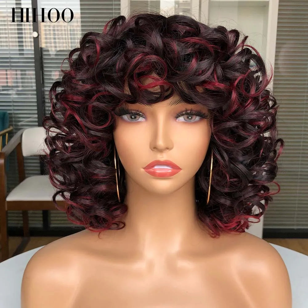 Short Afro Curly Wig With Bangs For Black Women Synthetic Fluffy Mixed Brown Blonde Wig Natural High Temperat Red