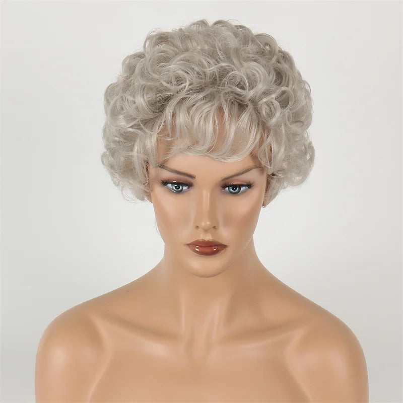 Grey Short  Wigs Curly Hair Wigs for Women Full Bangs  Heat Resistant  Peluca Sythetic  Fiber