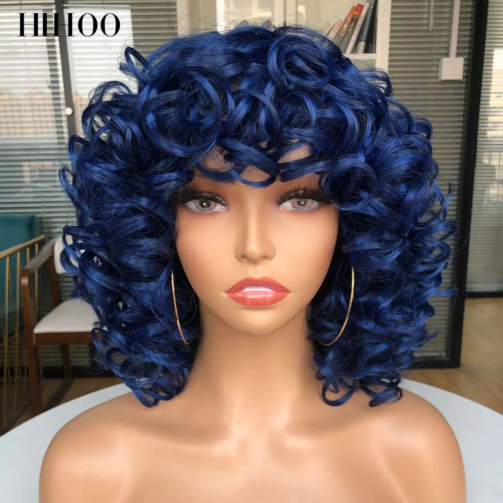 Short Afro Curly Wig With Bangs For Black Women Synthetic Fluffy Mixed Brown Blonde Wig Natural High Temperat Red