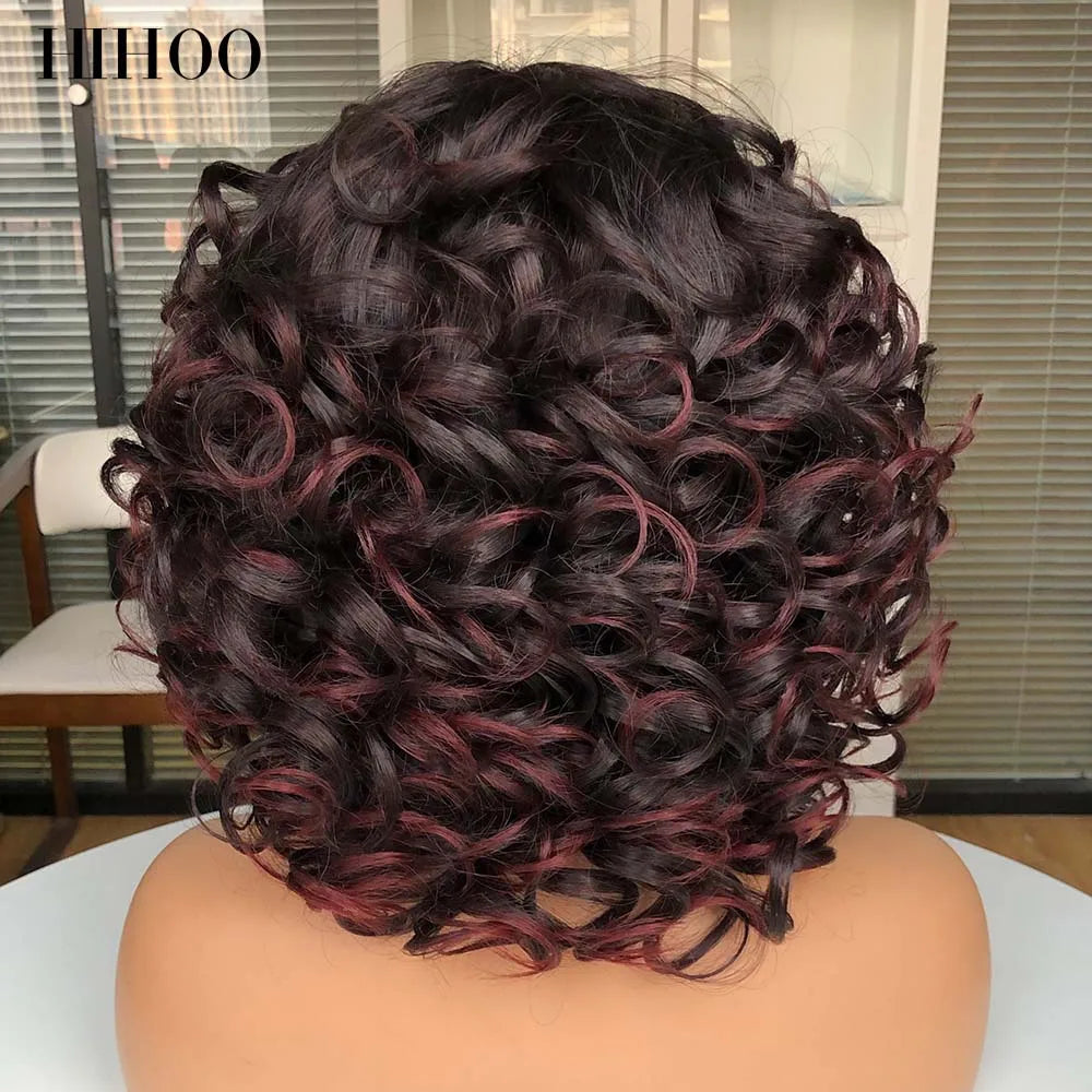 Short Afro Curly Wig With Bangs For Black Women Synthetic Fluffy Mixed Brown Blonde Wig Natural High Temperat Red