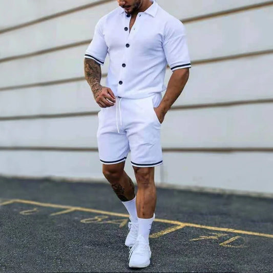 chemise d´ete Popular Men's Summer Polo Cardigan Solid Short Sleeve Shorts Two Piece Casual Set