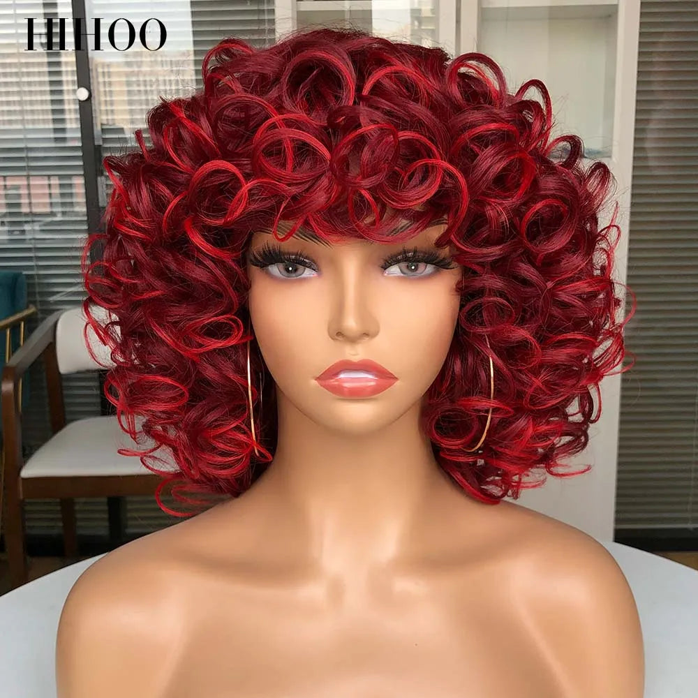 Short Afro Curly Wig With Bangs For Black Women Synthetic Fluffy Mixed Brown Blonde Wig Natural High Temperat Red