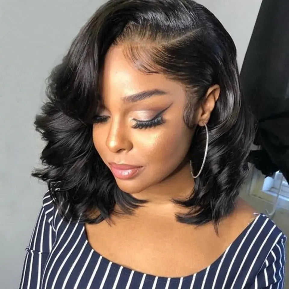 Body Wave Natural Black Bob Peruvian Human Hair Side Part Lace Front Middle Part Wig Pre Plucked Wig For Black Women 180 Density