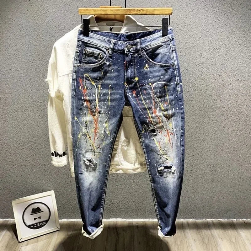 pantalones jeans Trousers Star Man Cowboy Pants Cropped Elastic Men's Jeans Stretch Light Blue with Print Clothes Y2k 2000s Spring Autumn Washed