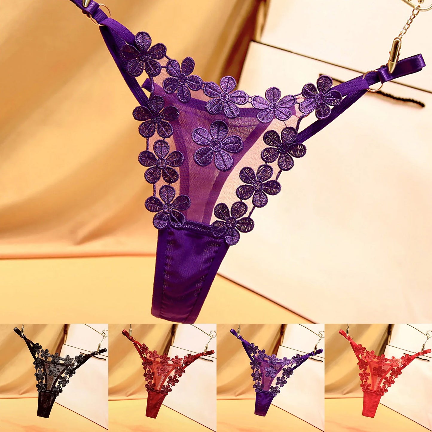 Pure Desire Thong Metal Buckle Design Sweet Flower Embroidery Breathable Mesh Sexy Adjustable Belt Womens Panties Seamless