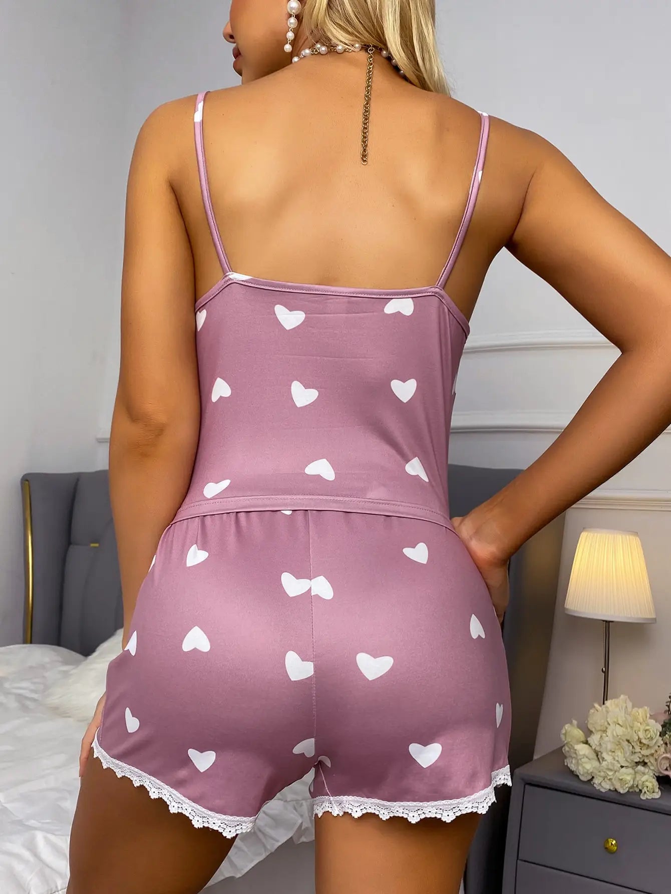 Women's pajamas new design a suspender a pair of shorts two-piece light purple home dress love pattern lace lovely elegant casua