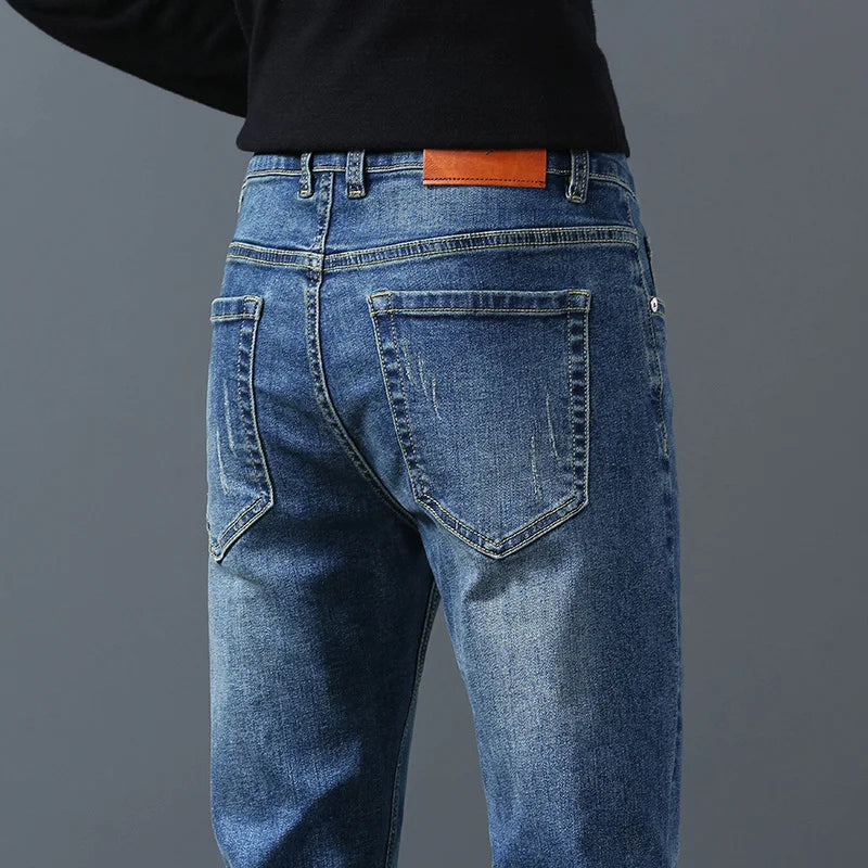 Business Men Straight Leg Classic Jeans Casual Denim Long Pants Slim Fit Simple Man Trousers Fashion Men's Stretch Jeans