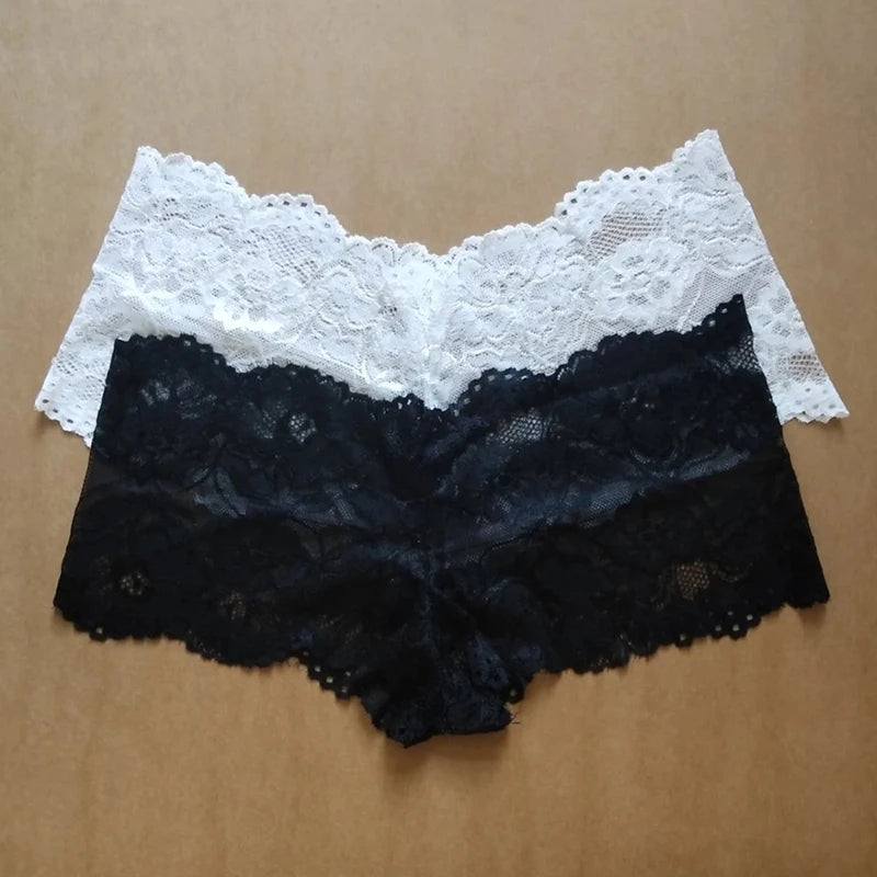 New Sexy Lace Hollow Briefs Women Floral Perspective Panties Breathable Comfortable Underwear Female Plus Size Boxer Black White