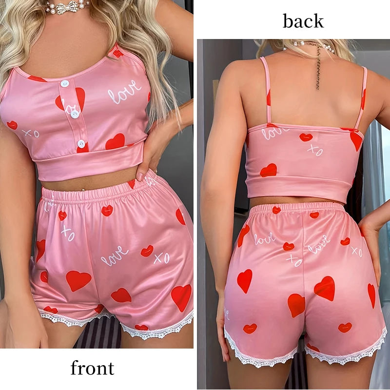 Women's Camouflage Top and Lace Patchwork Sleepwear Women's Printed Heart-Shaped Cute Casual Home Summer Sleepwear Set