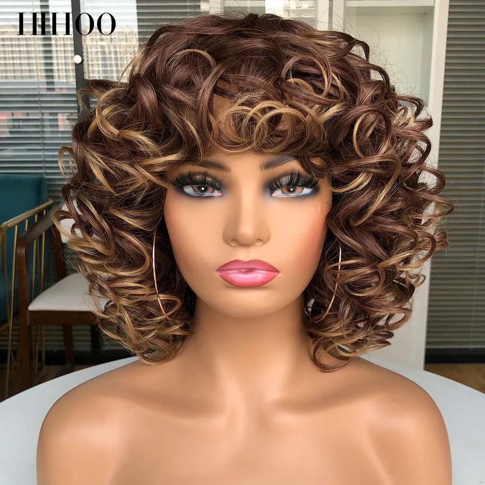 Short Afro Curly Wig With Bangs For Black Women Synthetic Fluffy Mixed Brown Blonde Wig Natural High Temperat Red