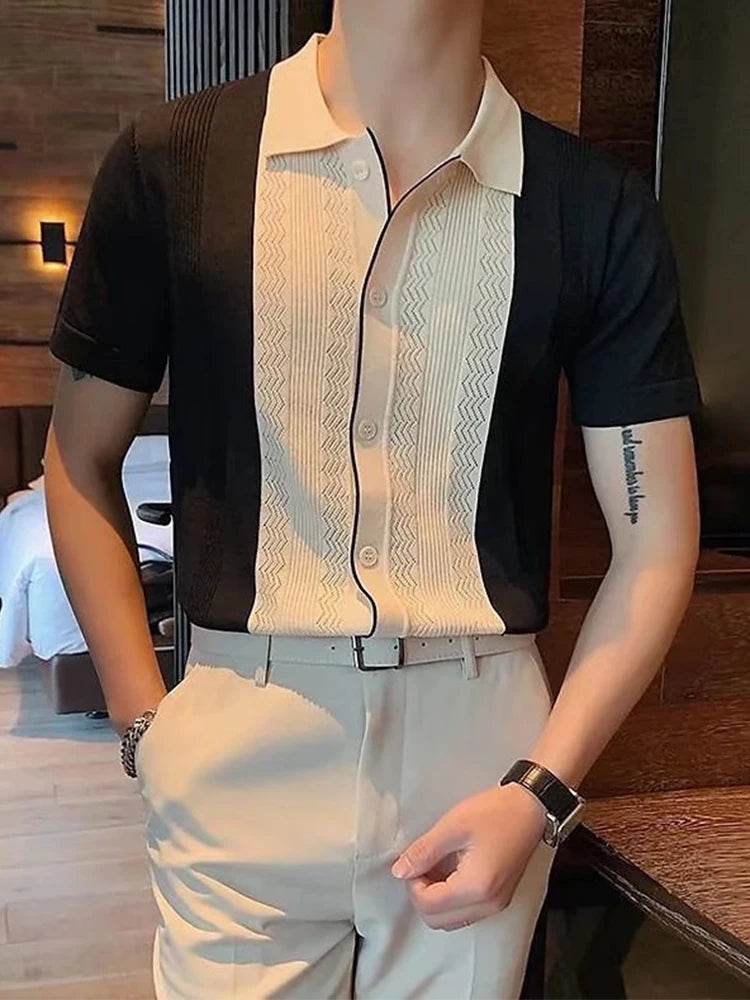 chemise Summer Casual Slim Short Sleeve Polos Mens Shirt Fashion Knitted Striped Patchwork Shirts Men Turndown Collar Buttoned Tops