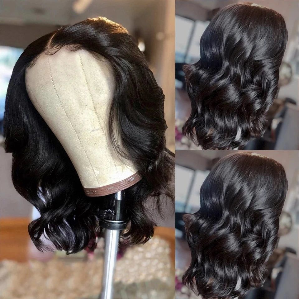 Body Wave Natural Black Bob Peruvian Human Hair Side Part Lace Front Middle Part Wig Pre Plucked Wig For Black Women 180 Density