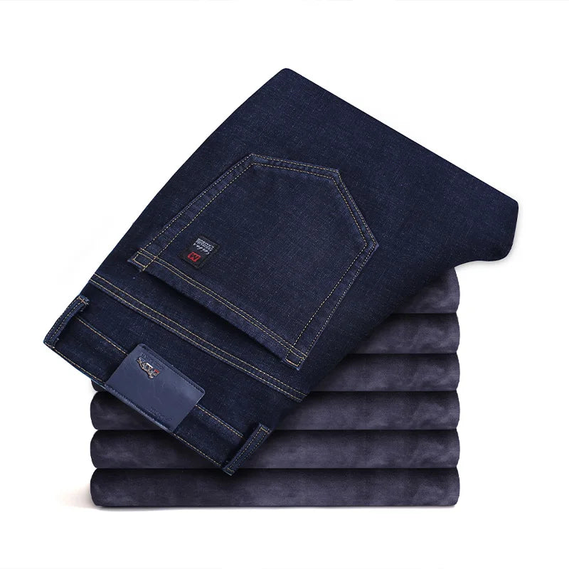 2022 Winter New Men's Fleece Warm Jeans Classic Style Business Casual Thicken Regular Fit Denim Pants Black Blue Brand Trousers