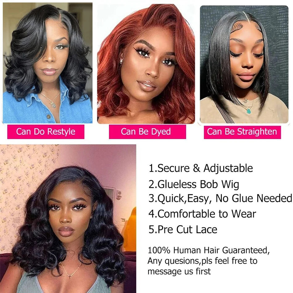 13x4 Glueless Wig Human Hair Lace Frontal Wig 100% Loose Body Wave Short Bob Wigs Ready To Wear Pelucas De Cabello 100% Hhumano