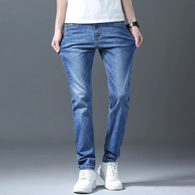 Business Men Straight Leg Classic Jeans Casual Denim Long Pants Slim Fit Simple Man Trousers Fashion Men's Stretch Jeans