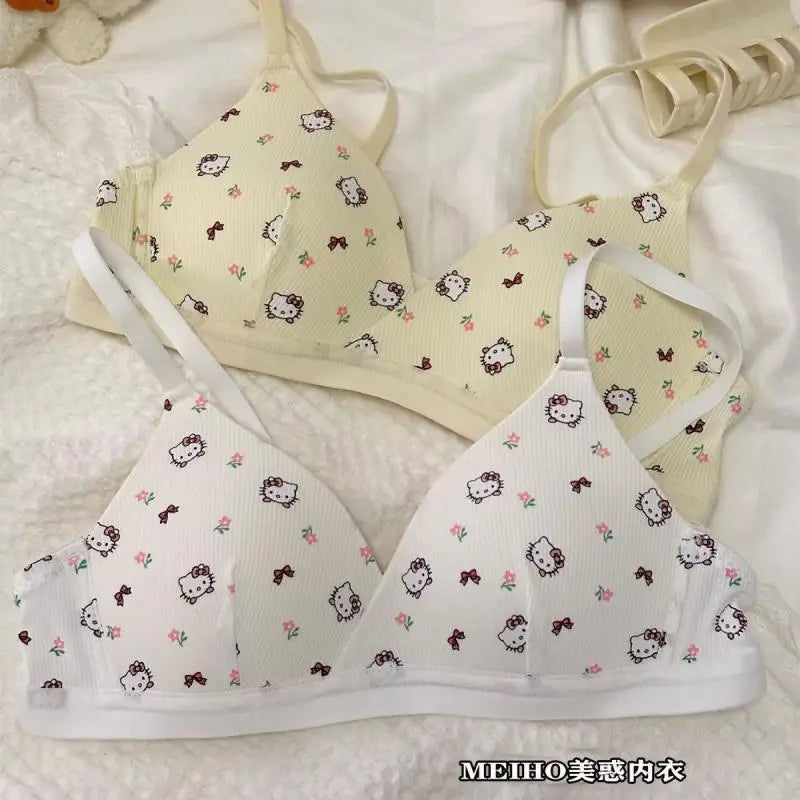 bragas Sexy  Hello Kitty Bra Kawaii Sanrio Underwear Set Anime Print Small Size Breathable Without Wires Cartoon Cute Girl Swimsuit Bra Set