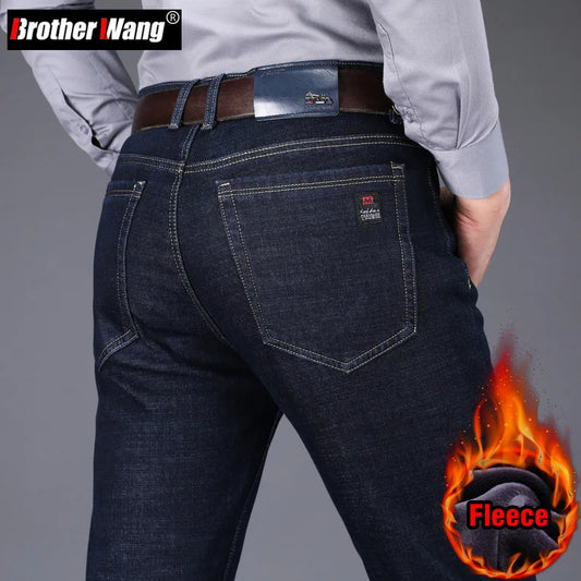 2022 Winter New Men's Fleece Warm Jeans Classic Style Business Casual Thicken Regular Fit Denim Pants Black Blue Brand Trousers