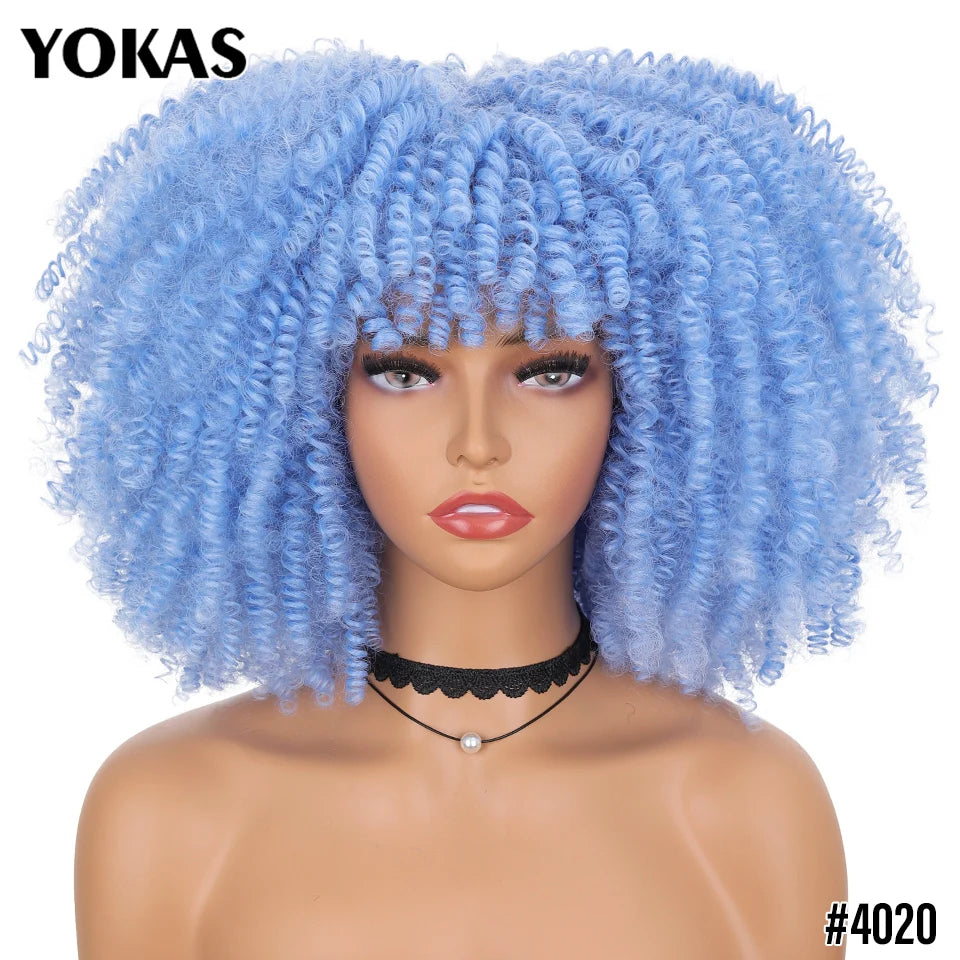 Short Afro Kinky Curly Wig With Bangs Synthetic Hair Female Blonde Pink White Blue Brown Purple Pelucas For Black Women YOKAS