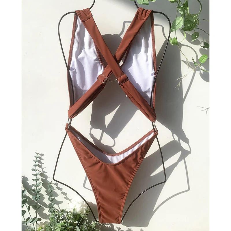 traje de baño High Cut Bathing Suit Ring Linked One Piece Swimsuits Cut Out Swimwear Women  Women Cross Back Beachwear Monokini Trajes De Baño