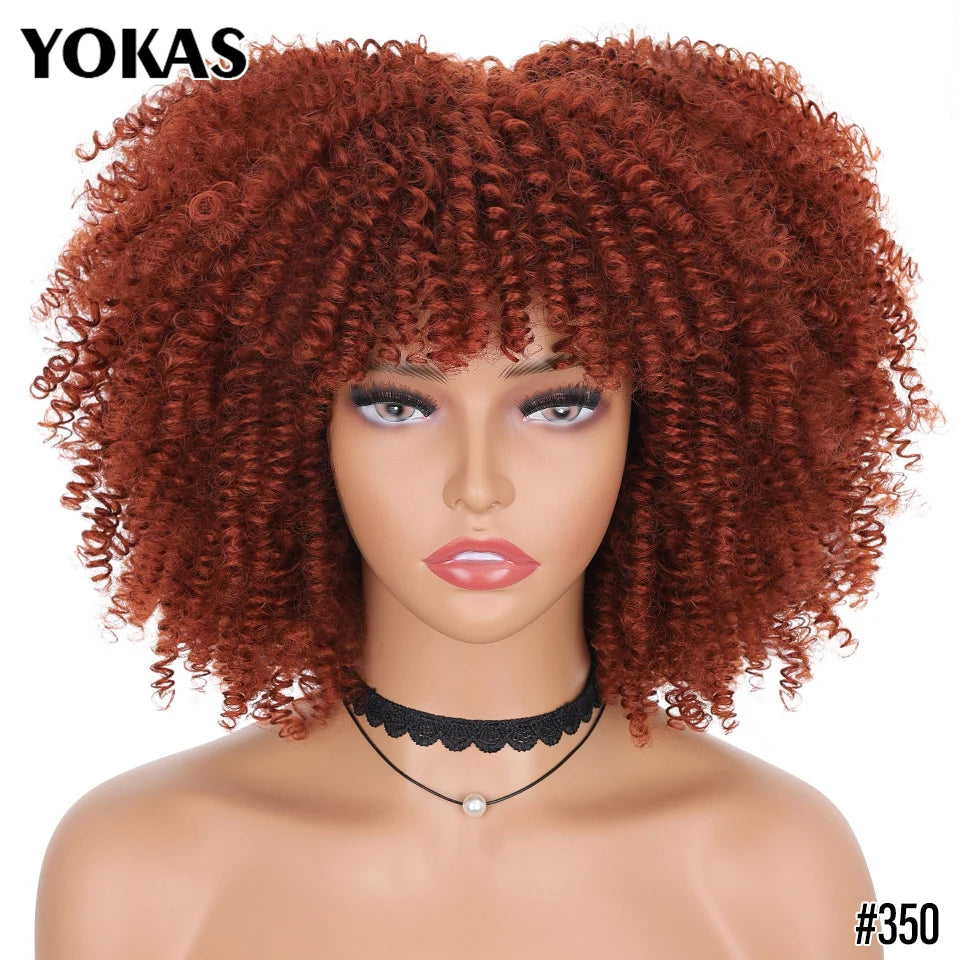 Short Afro Kinky Curly Wig With Bangs Synthetic Hair Female Blonde Pink White Blue Brown Purple Pelucas For Black Women YOKAS