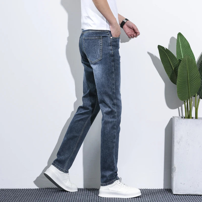 Business Men Straight Leg Classic Jeans Casual Denim Long Pants Slim Fit Simple Man Trousers Fashion Men's Stretch Jeans