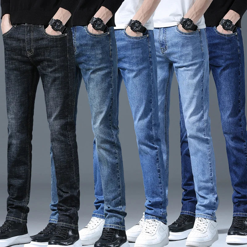 Business Men Straight Leg Classic Jeans Casual Denim Long Pants Slim Fit Simple Man Trousers Fashion Men's Stretch Jeans