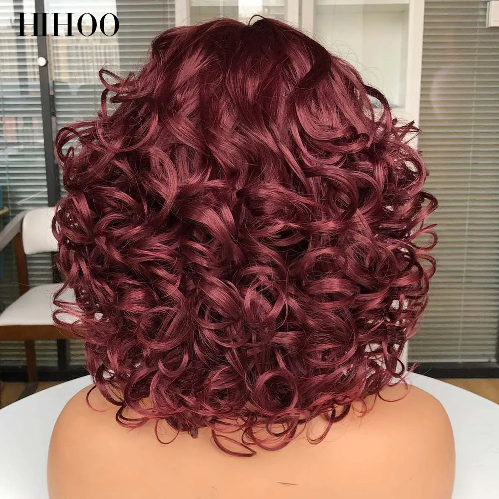 Short Afro Curly Wig With Bangs For Black Women Synthetic Fluffy Mixed Brown Blonde Wig Natural High Temperat Red