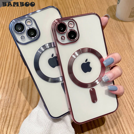 funda celulares Luxury Plating Magsafe Magnetic Anti-drop Case for iPhone 15 14 Plus 13 12 11 Pro XS Max With Lens Film Soft Clear Cover Founda