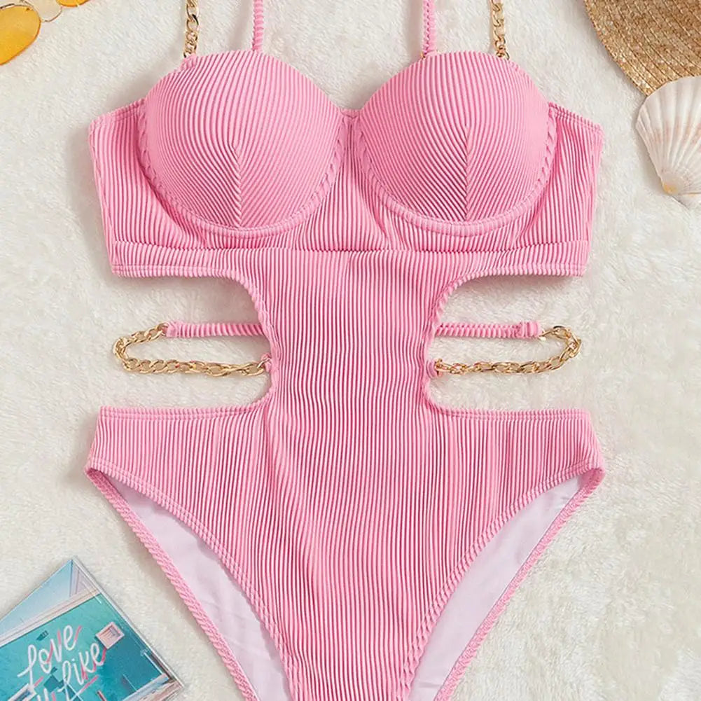 traje de bañoPeachtan Pink Striped One Piece Swimsuit Women High Cut Bathing Suit Sexy Padded Spaghetti Straps Bikini Traje De Baño Mujer