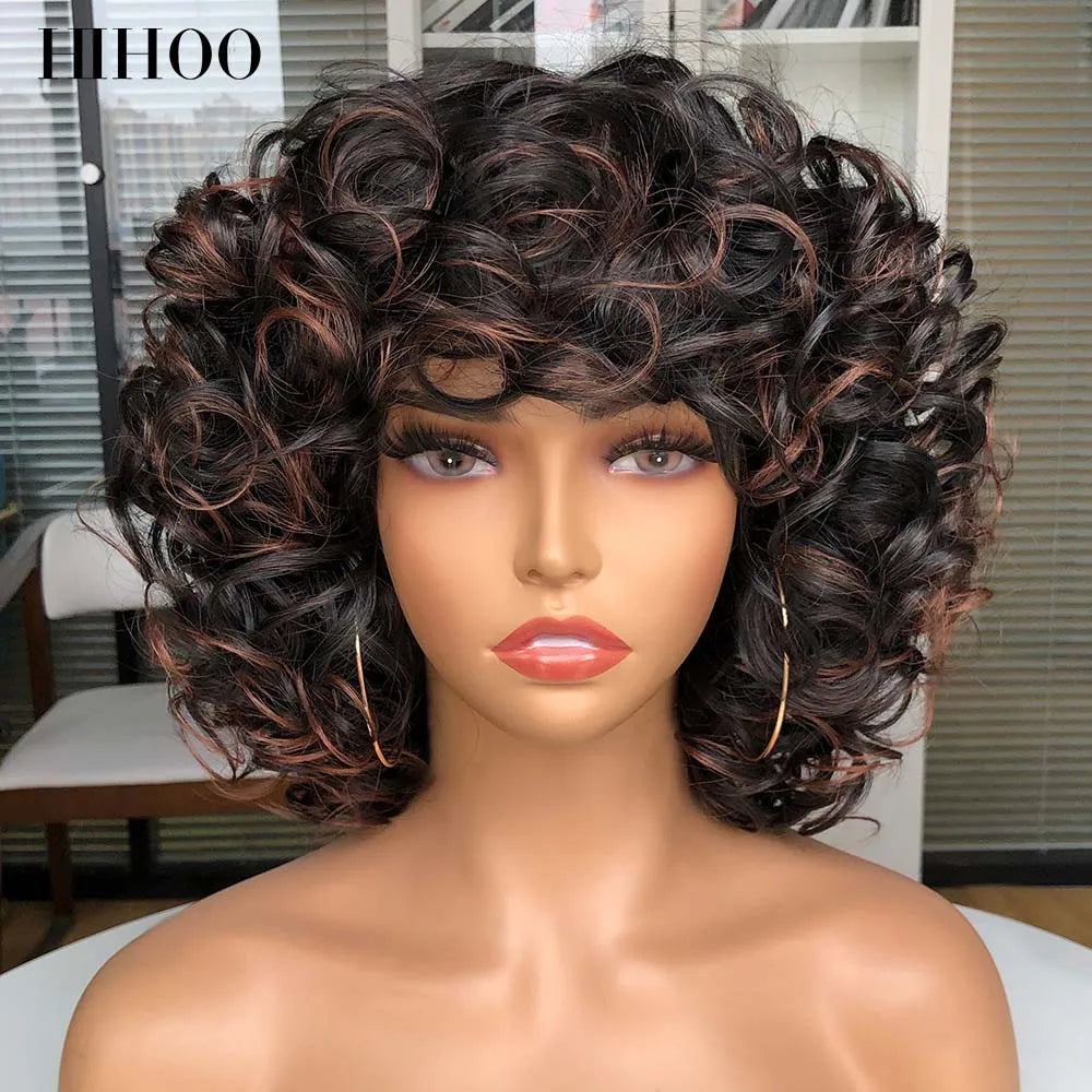 Short Afro Curly Wig With Bangs For Black Women Synthetic Fluffy Mixed Brown Blonde Wig Natural High Temperat Red