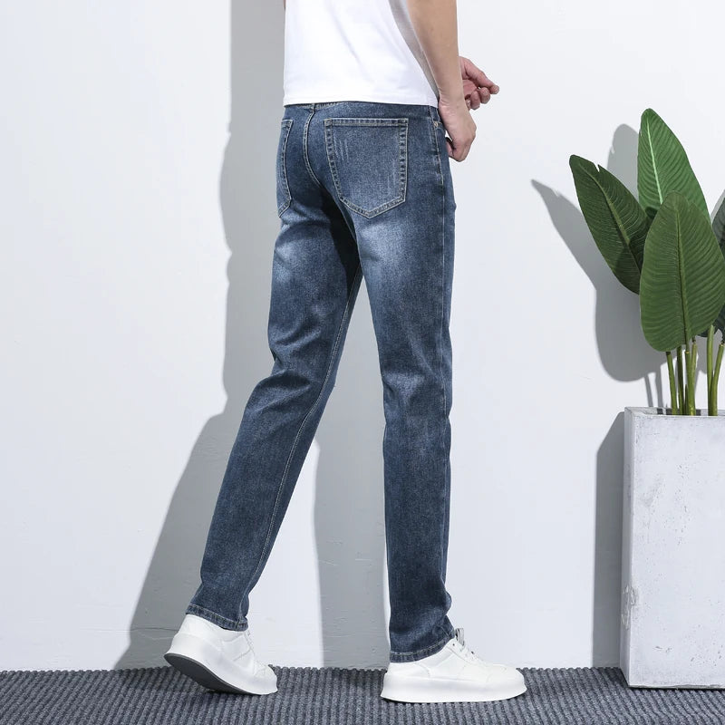 Business Men Straight Leg Classic Jeans Casual Denim Long Pants Slim Fit Simple Man Trousers Fashion Men's Stretch Jeans