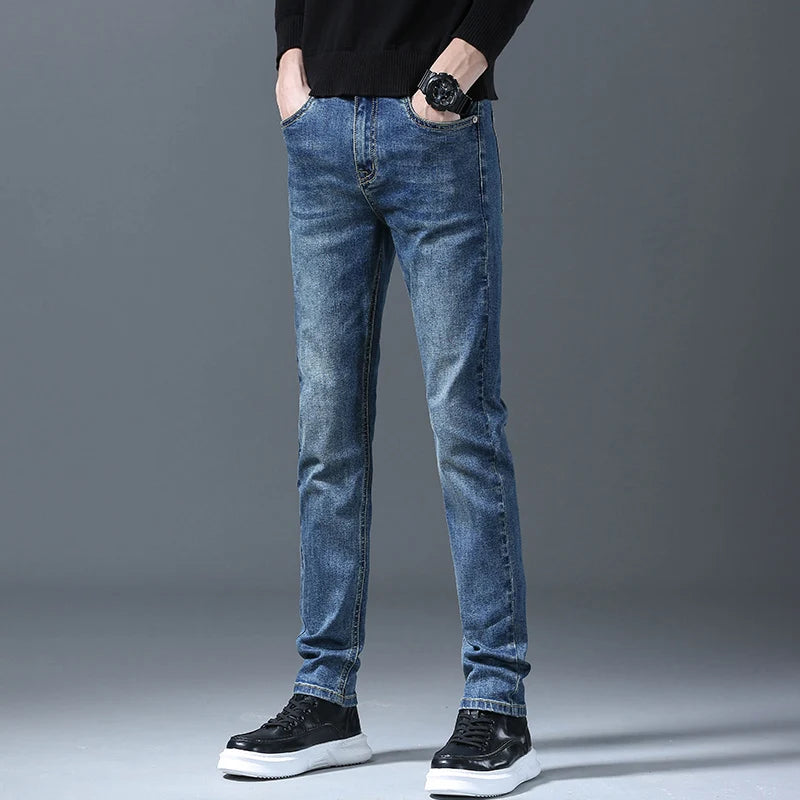 Business Men Straight Leg Classic Jeans Casual Denim Long Pants Slim Fit Simple Man Trousers Fashion Men's Stretch Jeans