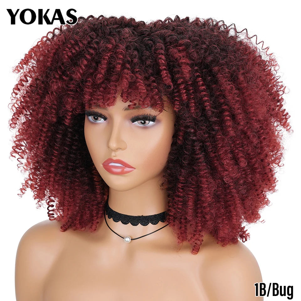 Short Afro Kinky Curly Wig With Bangs Synthetic Hair Female Blonde Pink White Blue Brown Purple Pelucas For Black Women YOKAS