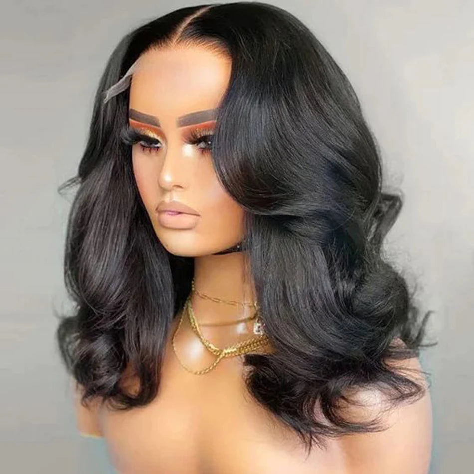 Body Wave Natural Black Bob Peruvian Human Hair Side Part Lace Front Middle Part Wig Pre Plucked Wig For Black Women 180 Density