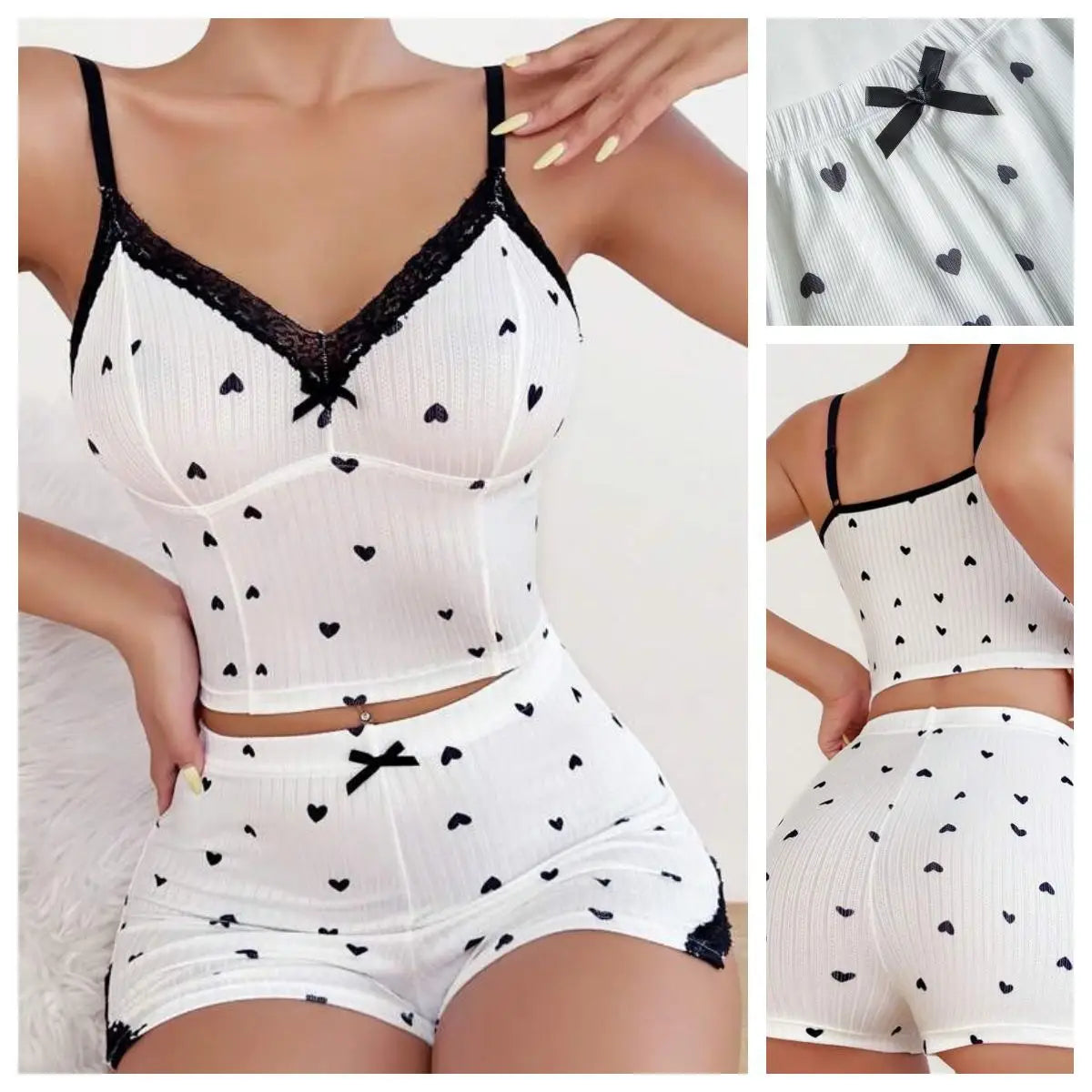 Lace Patchwork Women's Pajamas Sets Hollow Out Crop Top Sleepwear Sexy Spaghetti Strap Nightwear Shorts Nightie Suits Fashion