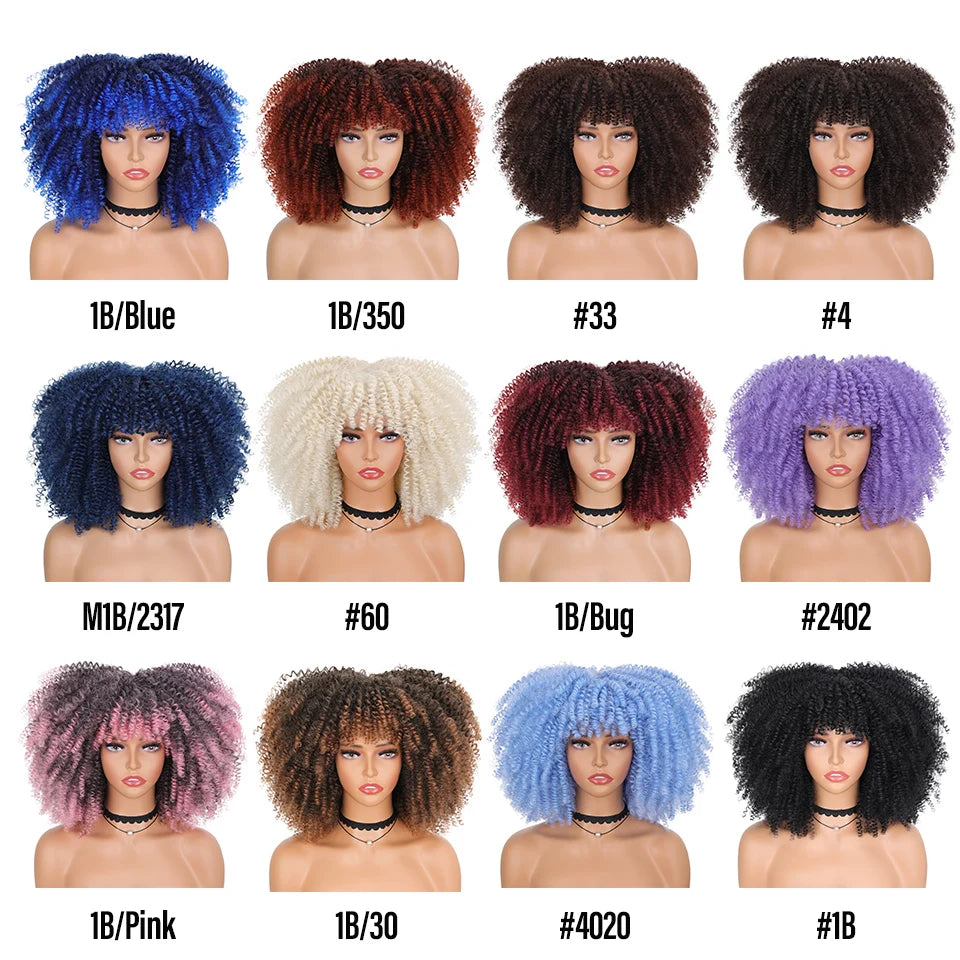 Short Afro Kinky Curly Wig With Bangs Synthetic Hair Female Blonde Pink White Blue Brown Purple Pelucas For Black Women YOKAS