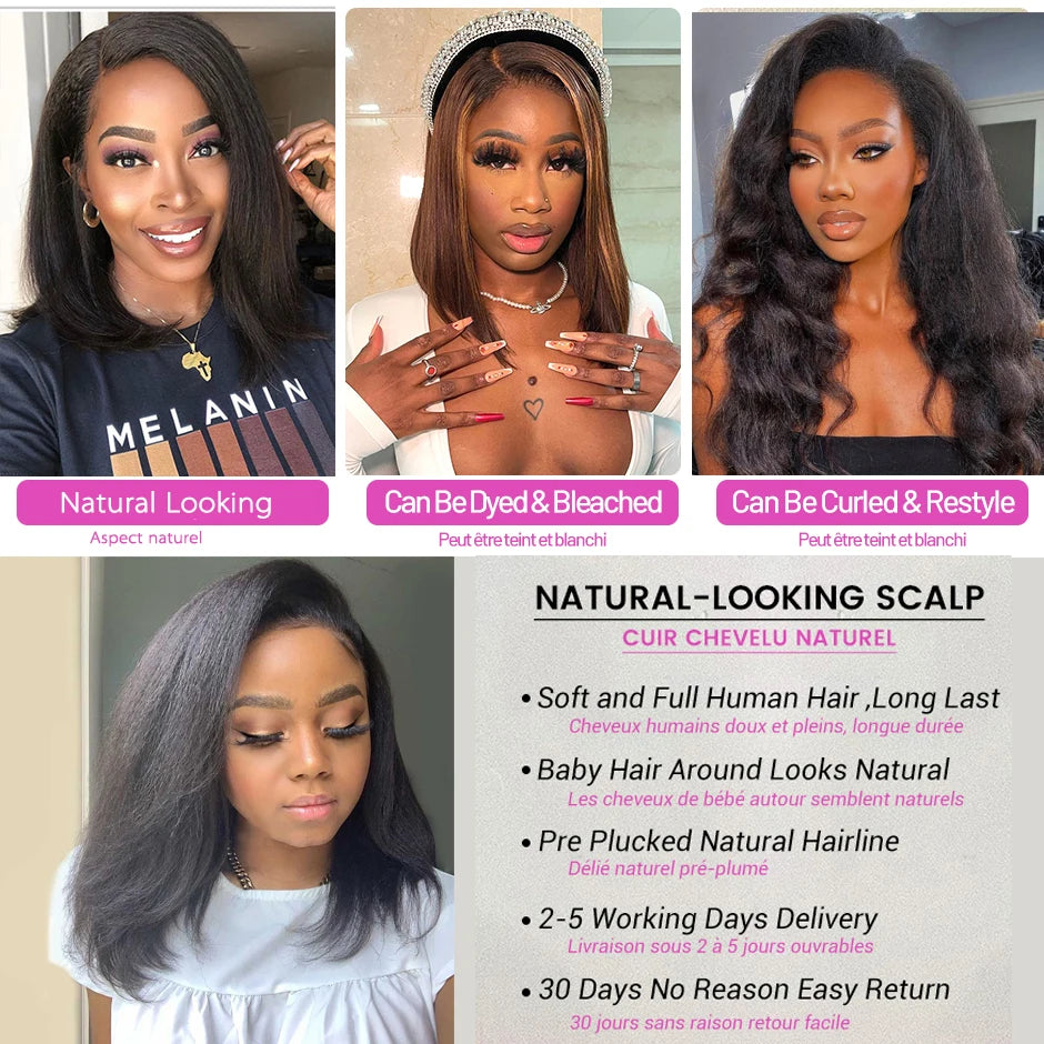 Kinky Straight Short Bob Wigs 100% Natural Human Hair Wigs 13x4 Transparent Lace Frontal Wig For Black Women Wholesale On Sale