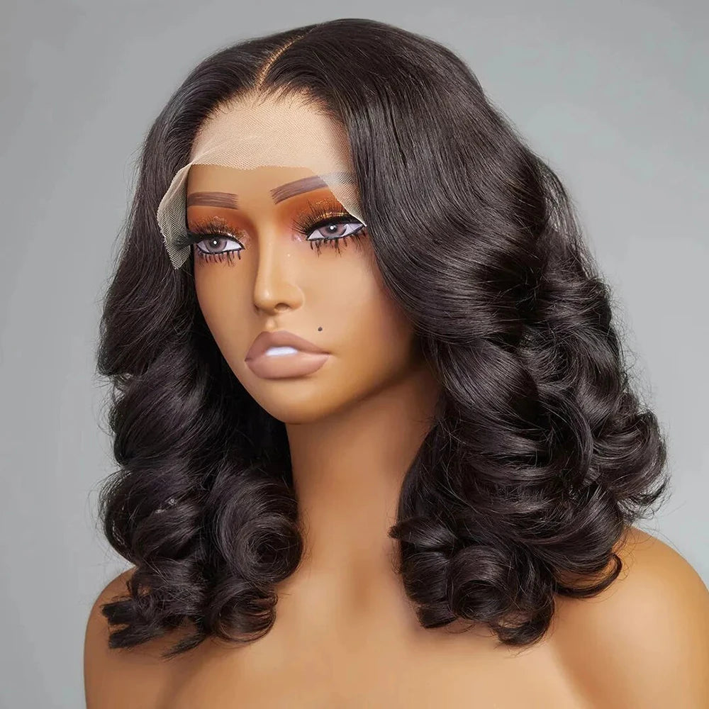 Body Wave Natural Black Bob Peruvian Human Hair Side Part Lace Front Middle Part Wig Pre Plucked Wig For Black Women 180 Density