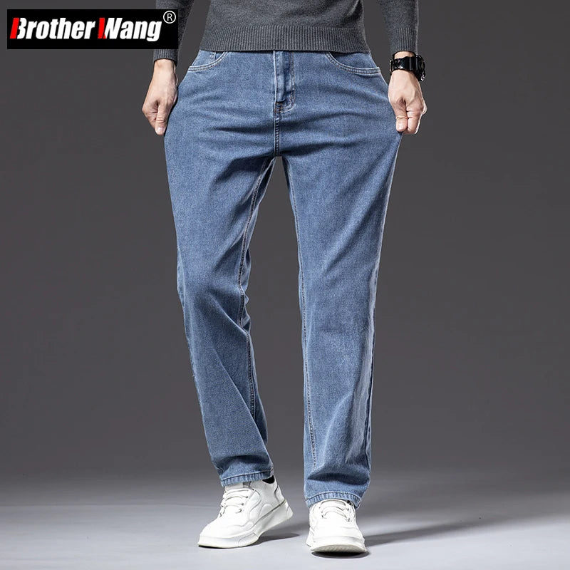 Plus Size 40 42 44 Autumn Men's Blue Straight Loose Jeans Business Casual Cotton Stretch Denim Pants Male Brand