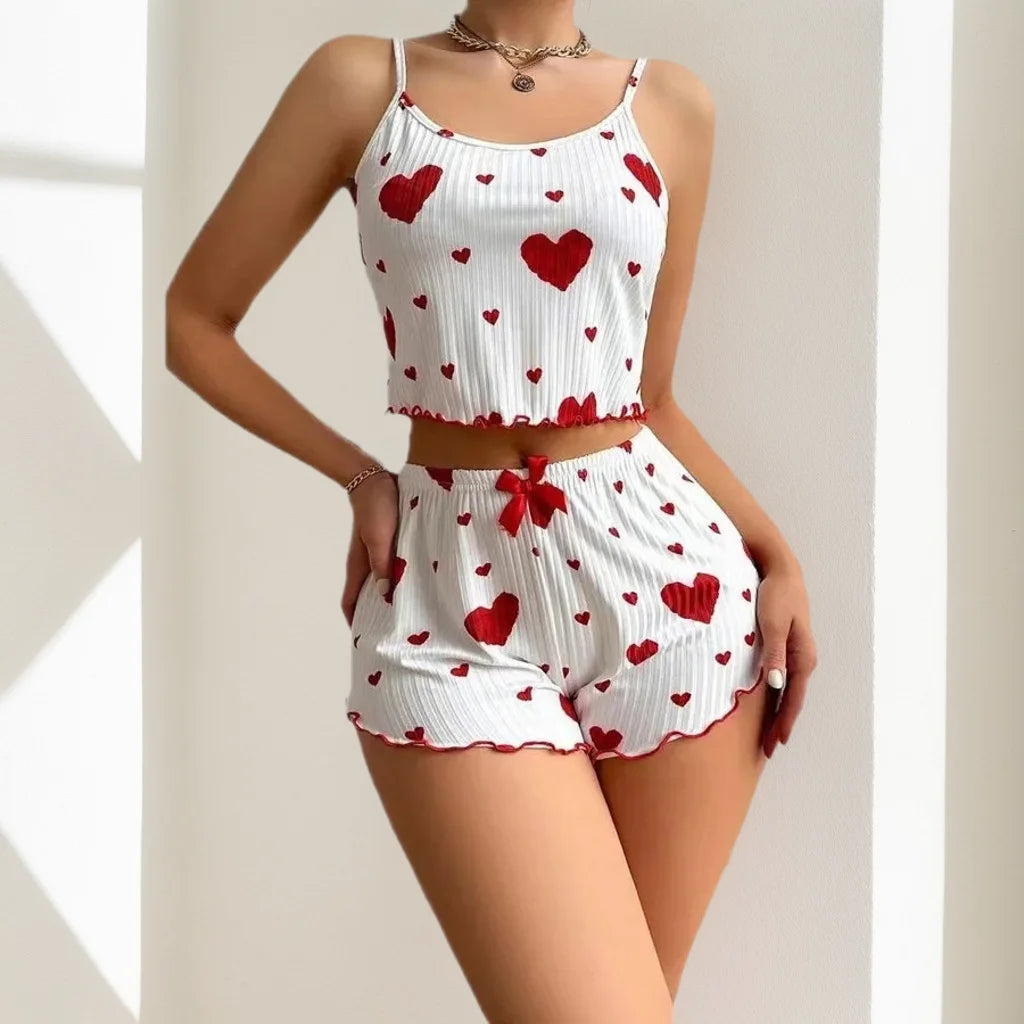 pijama mujeres Women's Pajamas Set Sleepwear 2 PCS Short Tank Tops And Shorts S M L White Ventilate Soft Casual Love Printing